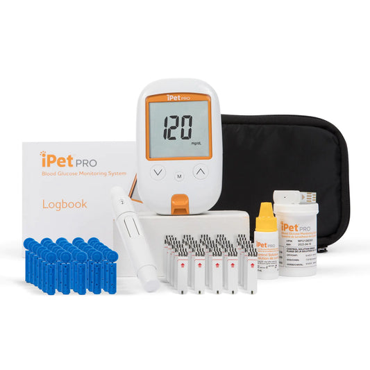 iPet PRO Blood Glucose Monitoring System Designed for Dogs & Cats| Includes Meter 2 AA Batteries User Guide Log Book 25 Test Strips Control Solution Lancing Device 30 28G Lancets Carrying Case