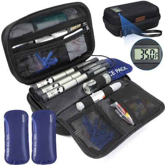 Insulin Cooler Travel Case TSA Approved Temperature Display Medicine Travel Cooler Refrigerated Medicine Organizer Patent Pending Diabetes Case with 2 Reusable Ice Packs (Black)