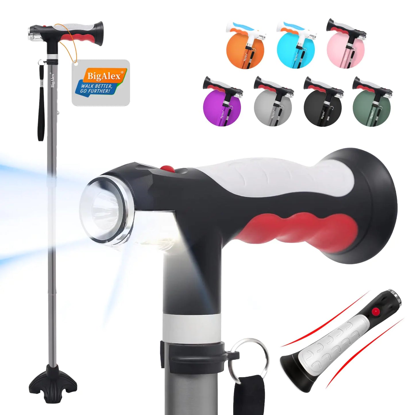 BigAlex Folding Walking Cane with Two Led Lights for Elderly Solid Base Adjustable Walking Stick with Carrying Bag for Man/Women