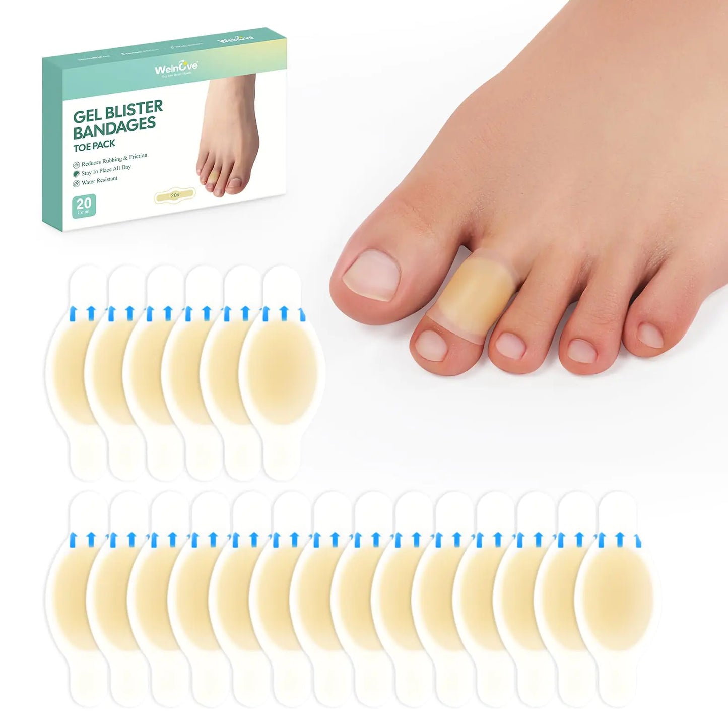 Welnove Hydrocolloid Bandages for Feet - 20ct Blister Bandages - Waterproof Adhesive for Feet Toes Heel Blister - (Spot Pack)