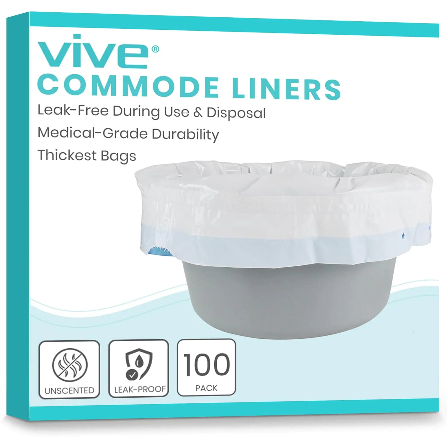 Vive Commode Liners for Bedside Toilet Chair Bucket Bedpan (100 Pack) - Caregiver Supplies for Potty Portable Toilet Bowl - Disposable Medical Adults Supplies Seat Covers Chair - Universal Size (100)
