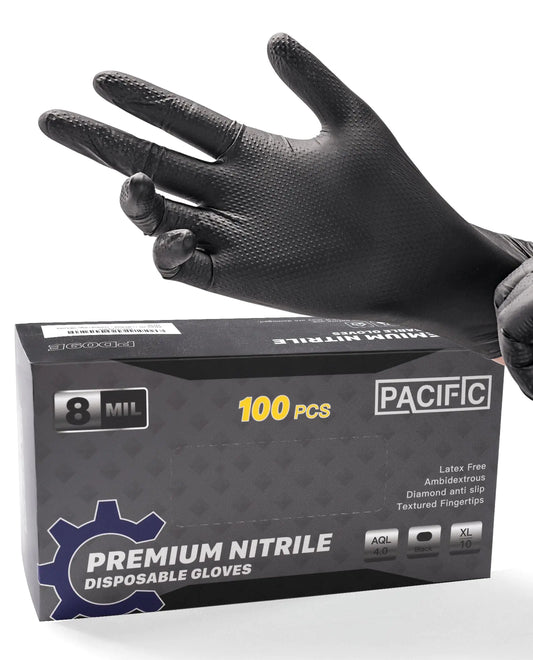 PACIFIC PPE 8 Mil Heavy Duty Black Nitrile Gloves Food Safe Latex Free Mechanic Fully-Diamond Textured Grip Industrial Disposable Gloves X-Large