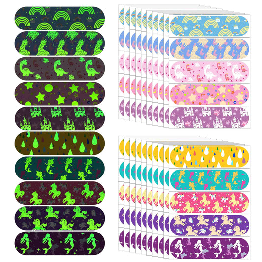 100 Pcs Glow in The Dark Bandage for Kids 10 Styles Kids Bandages Cartoon Bandages Adhesive Bandages Variety Pack Waterproof Bandages with Assorted Shapes and Cute Patterns for Kids Boys Girls
