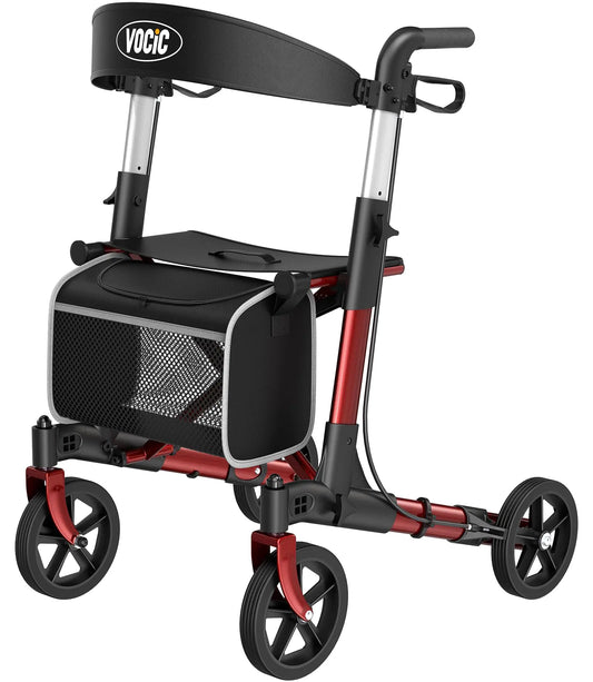 VOCIC Walkers-for-Seniors-with-Seat Lightweight Rollator Walker with Seat and Brakes Folding Rolling Walker with Wheels 4 Wheel Adult Walker Foldable Bariatric Tall Walker All Terrain-2024 New