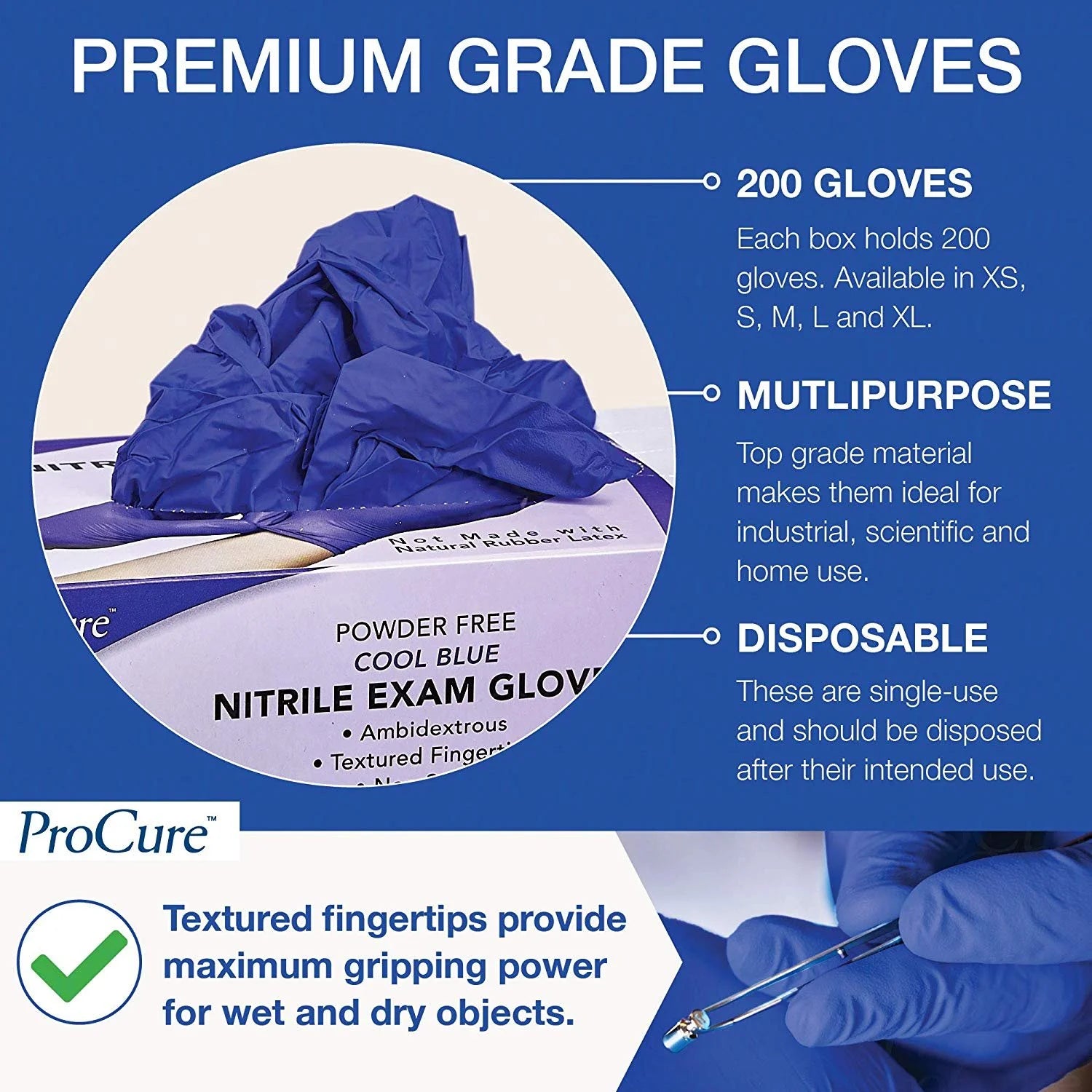 Disposable Nitrile Gloves - 200 Count - Powder Free, Rubber Latex Free, Medical Exam Grade