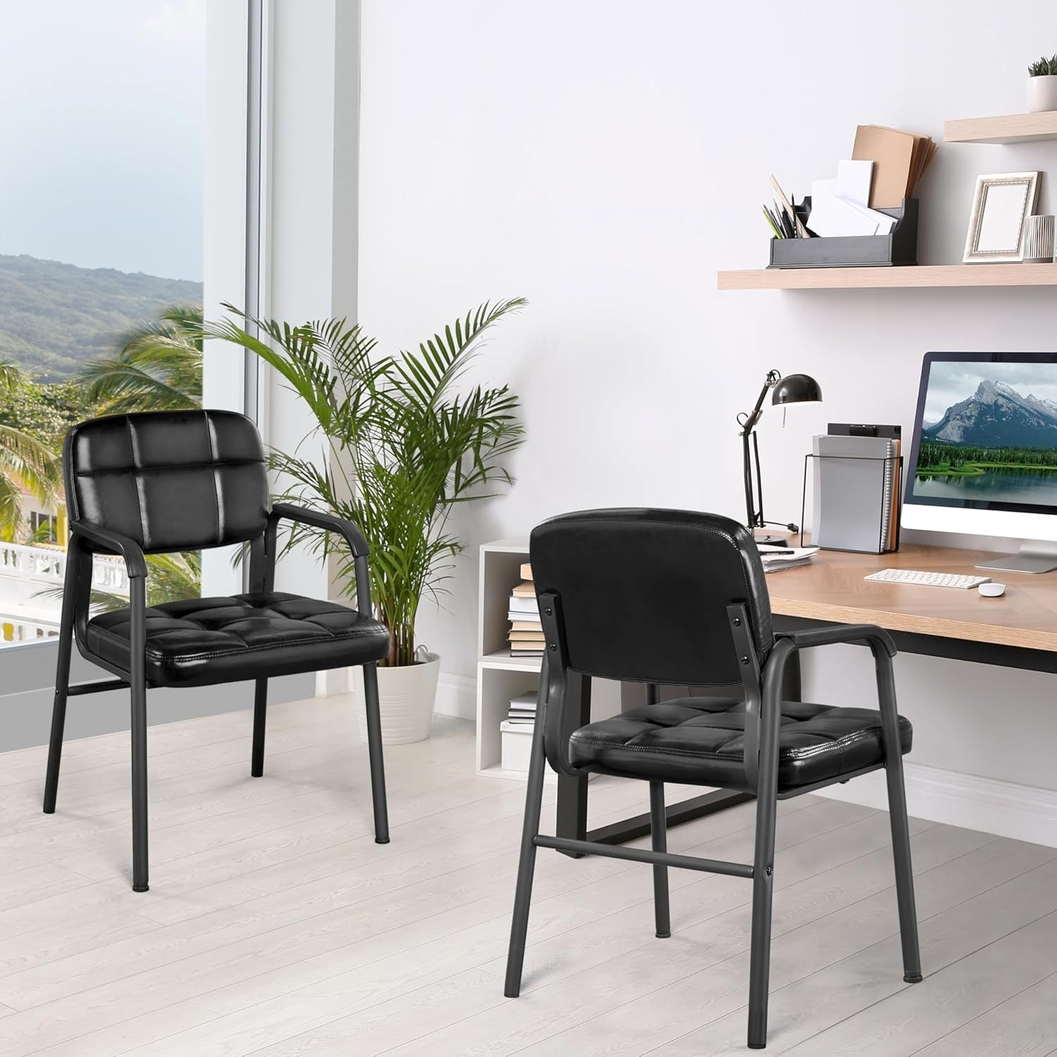 2 PCS Office Guest Chair Mid Back Leather Reception Chairs Living Room Leisure Chairs with Lumbar Support for Waiting/Conference Room, Black