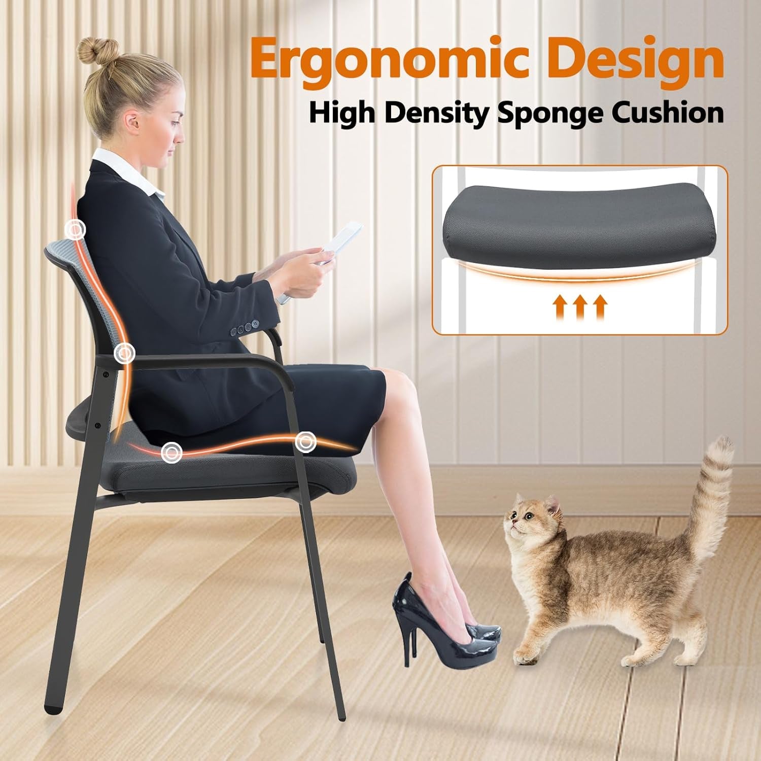 Mesh Back Stacking Arm Chairs with Upholstered Fabric Seat and Ergonomic Lumbar Support for Office School Church Guest Reception Grey 2 Pack Set