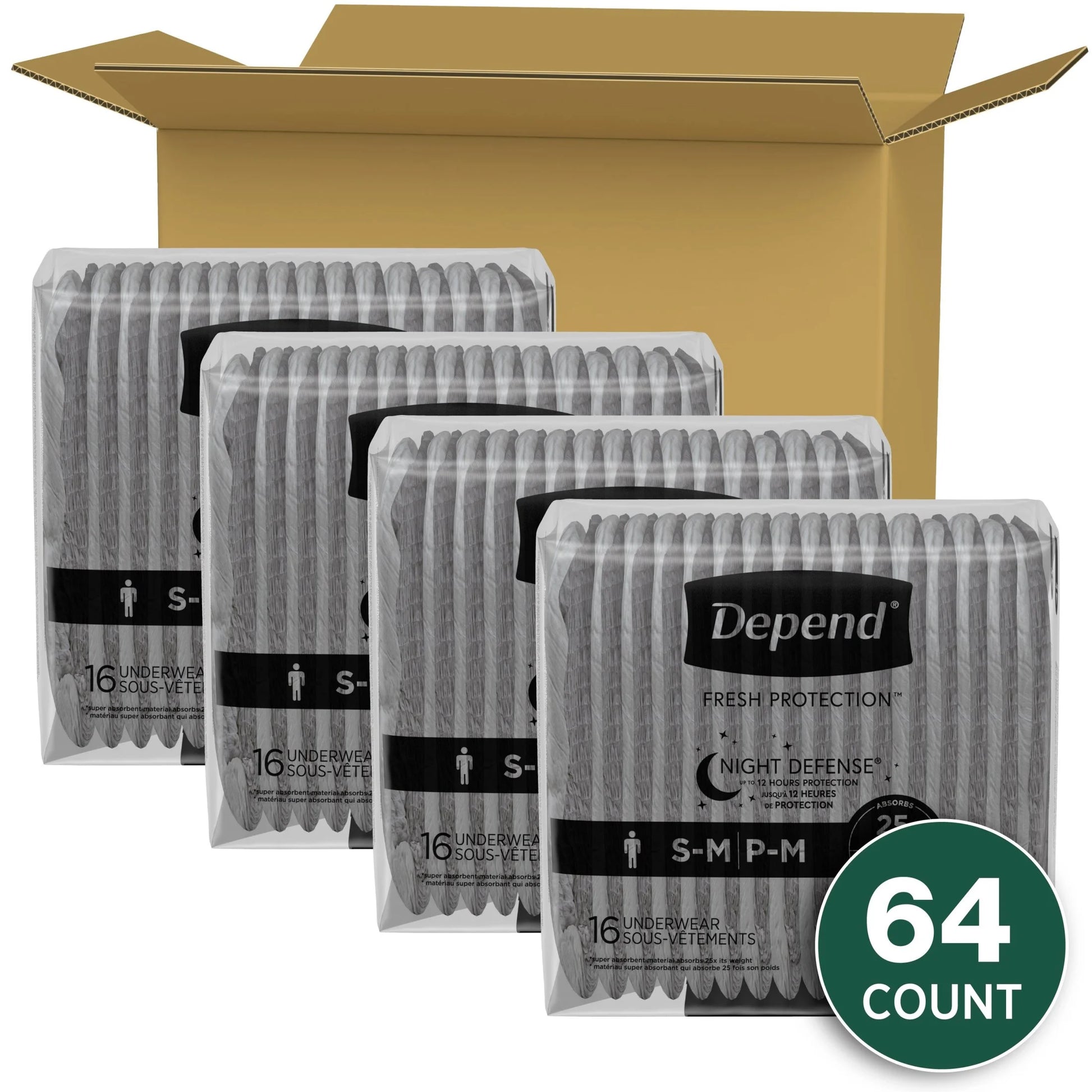 Night Defense Incontinence Underwear for Men, Adult Diapers, S/M, 64 Count