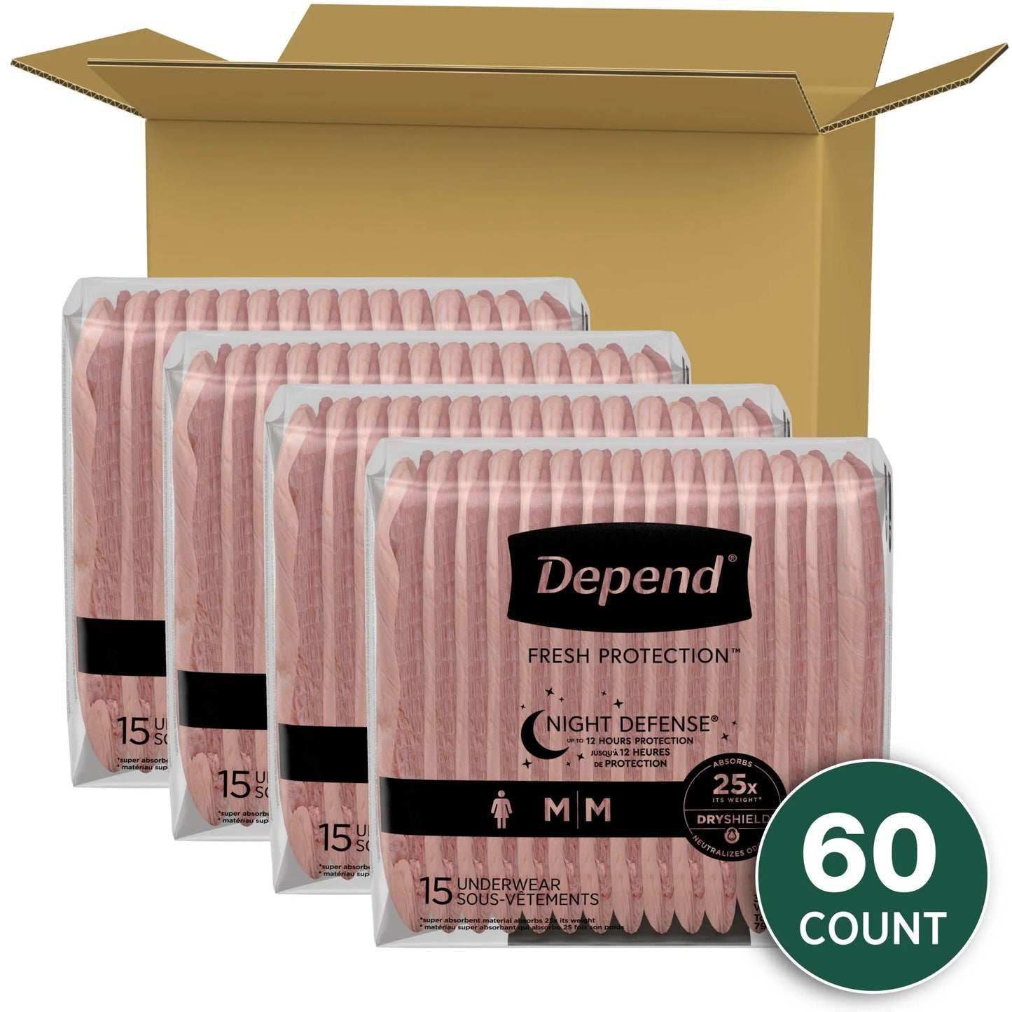 Night Defense Incontinence Underwear for Women, Adult Diapers, M, 60 Count