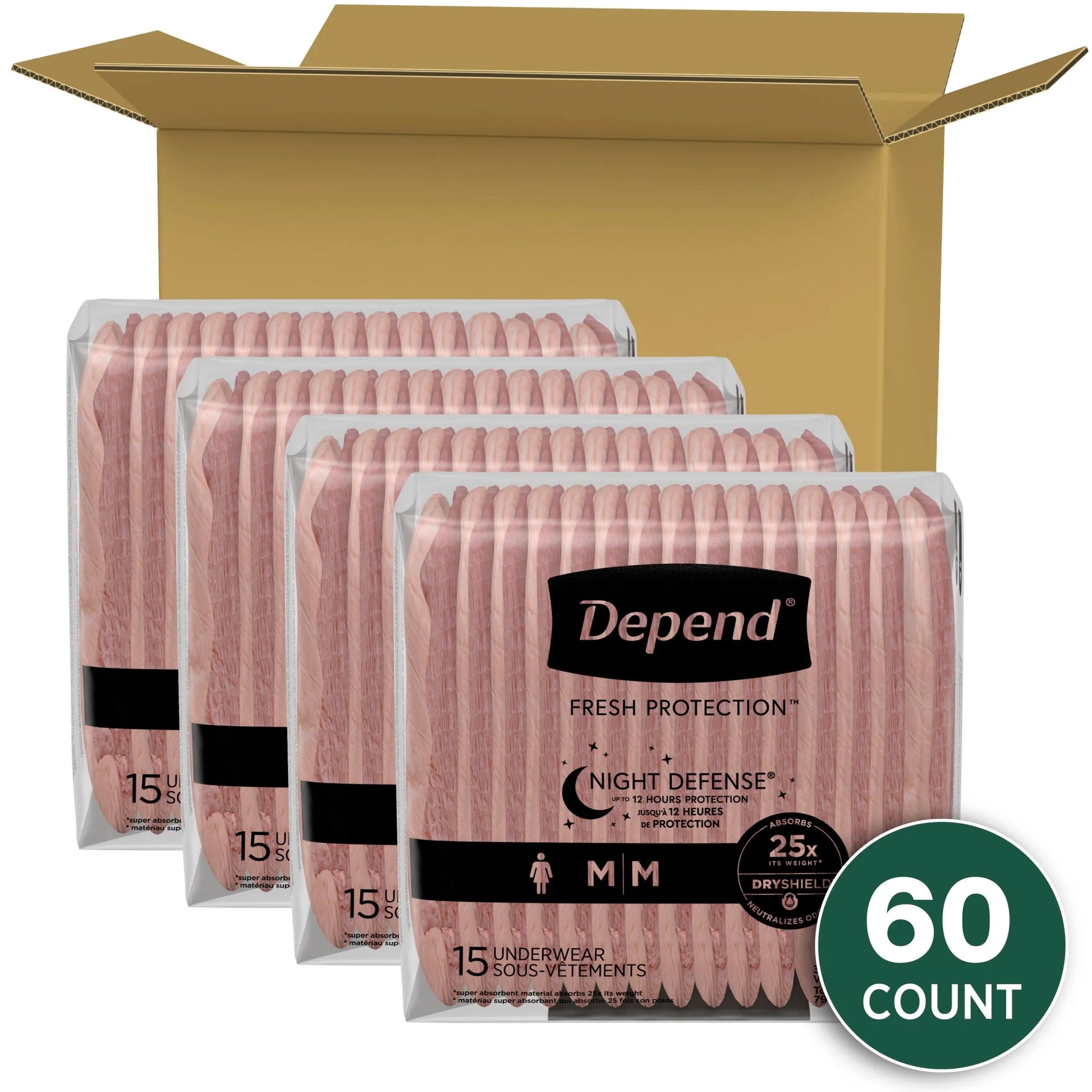 Night Defense Incontinence Underwear for Women, Adult Diapers, M, 60 Count