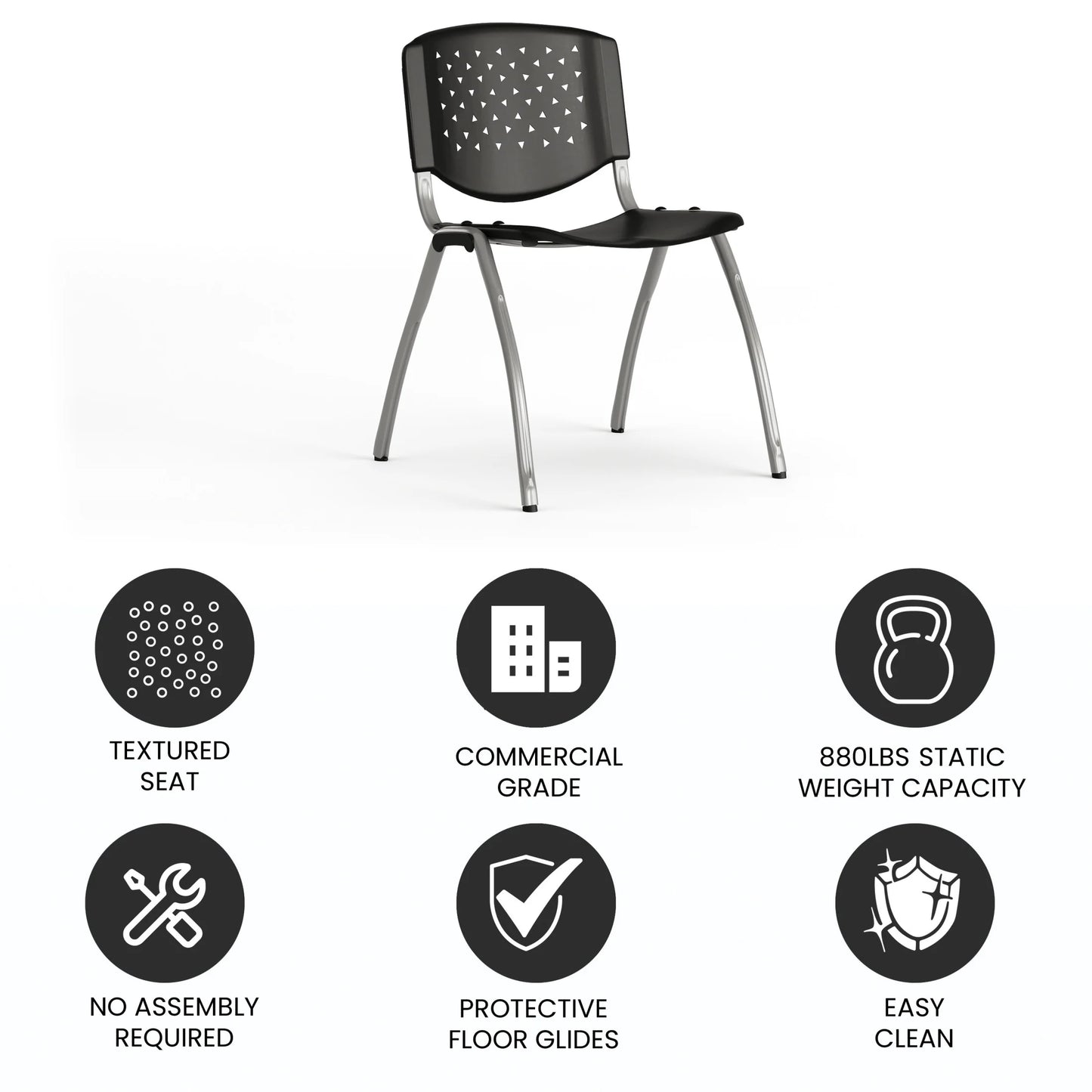 HERCULES Series 880 Lb. Capacity Black Plastic Stack Chair with Titanium Gray Powder Coated Frame