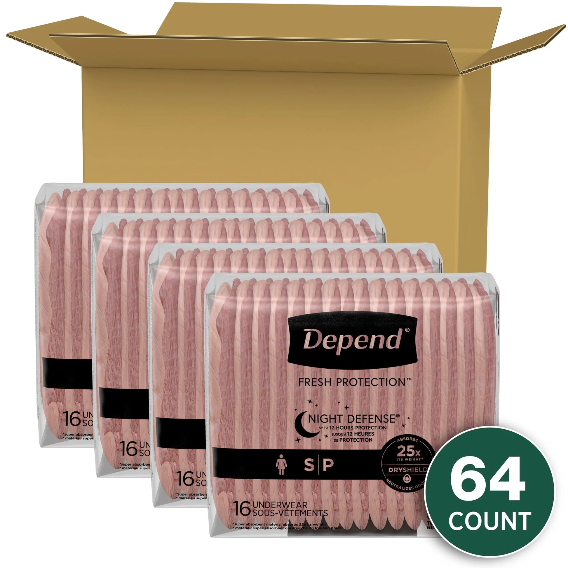 Night Defense Incontinence Underwear for Women, Adult Diapers, S, 64 Count