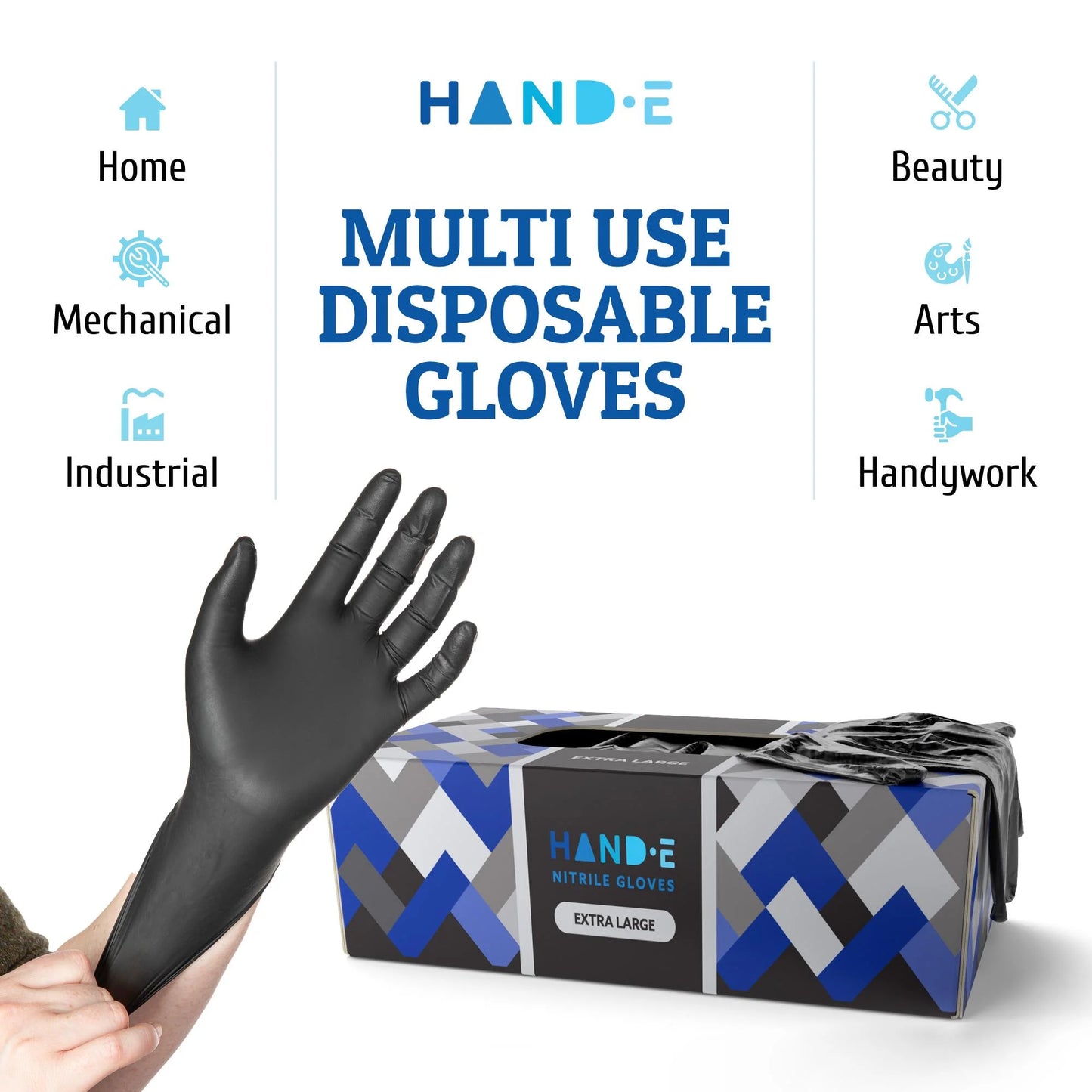 Hand-E Disposable Black Nitrile Gloves - 5 Mil Medical Exam - Powder and Latex Free, Food Safe