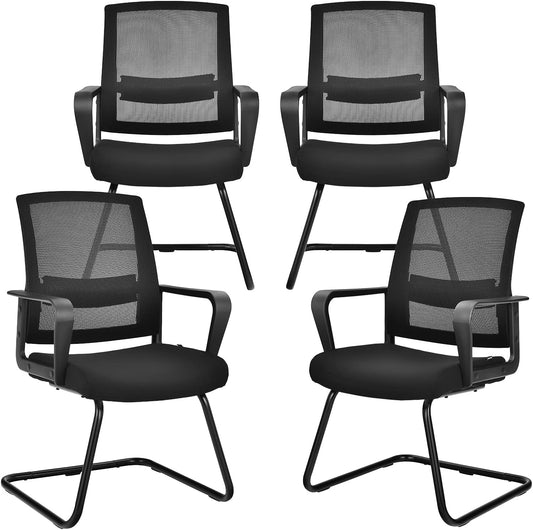Office Guest Chair Set of 4, Executive Sled Base Conference Chairs with Lumbar Support and Armrests, Mid-Back Chairs, Mesh Office Desk Chair No Wheels for Reception Waiting Meeting Room