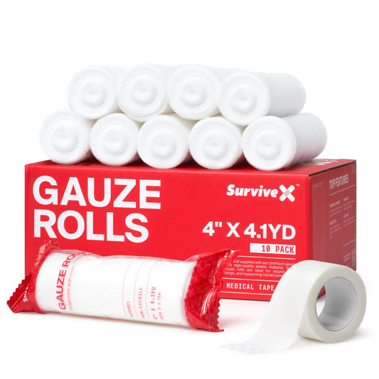 SurviveX Premium Gauze Rolls - Stretch Rolled Gauze - Gauze Wrap Roll for Wounds - Conforming Gauze Bandages - 4 inch x 4.1 yds - FSA HSA Approved - 10 Pack