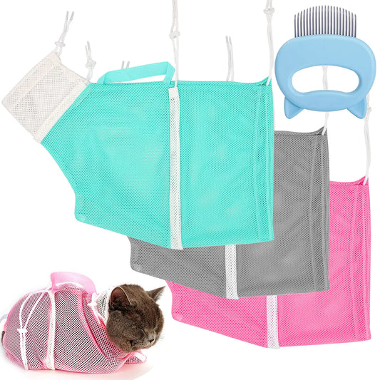 3 Pieces Cat Bathing Bag Cat Shower Net Bag with Cat Shell Comb Anti-Bite Anti-Scratch Adjustable Breathable Mesh Grooming Carrier Bag for Pets Bathing Nail Trimming Feeding Medicine Ear Clean