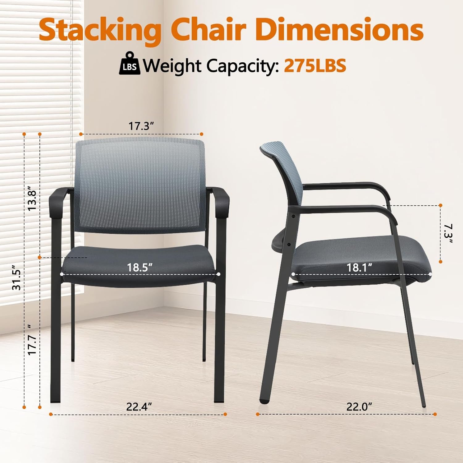 Mesh Back Stacking Arm Chairs with Upholstered Fabric Seat and Ergonomic Lumbar Support for Office School Church Guest Reception Grey 2 Pack Set