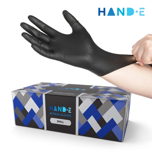 Hand-E Disposable Black Nitrile Gloves - 5 Mil Medical Exam - Powder and Latex Free, Food Safe