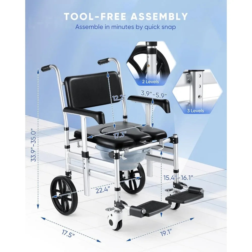 Shower Chair with Wheels  Folding Shower Wheel Transport Chair  Commode Rolling Bath Chair for Handicap  Elderly & Injured