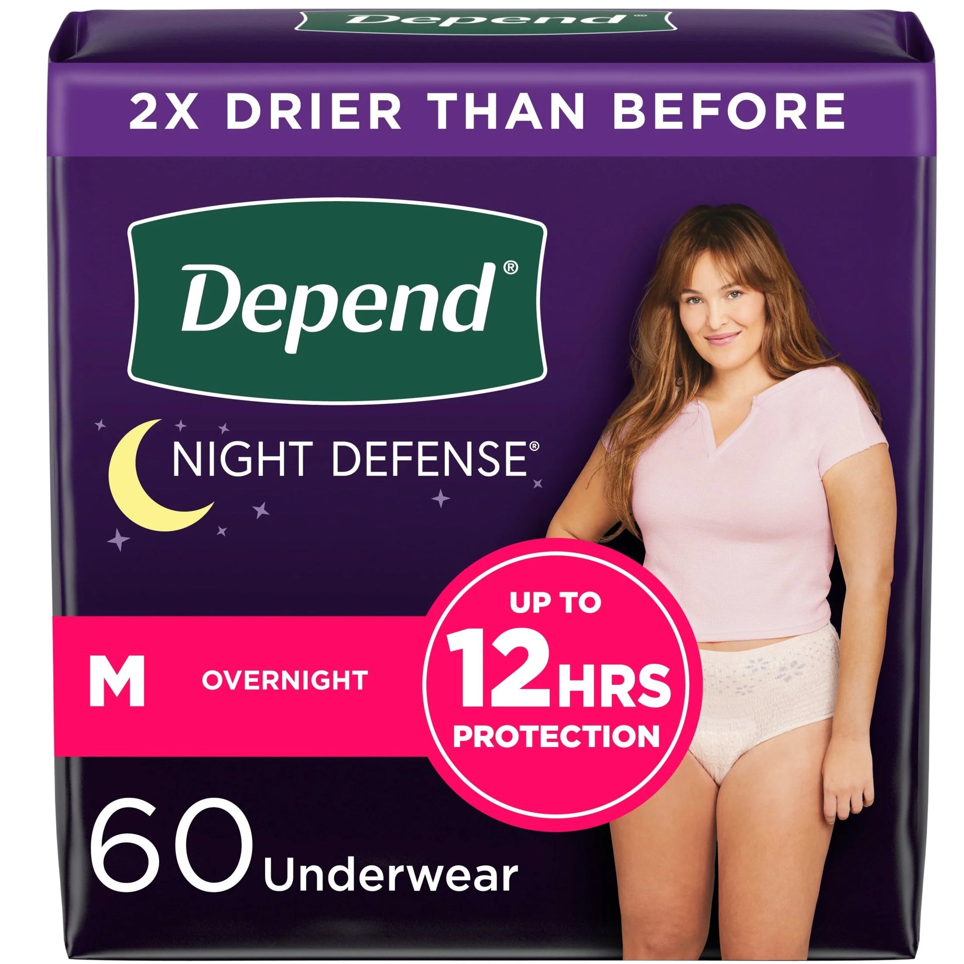 Night Defense Incontinence Underwear for Women, Adult Diapers, M, 60 Count