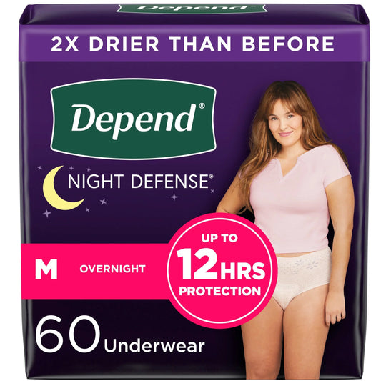 Night Defense Incontinence Underwear for Women, Adult Diapers, M, 60 Count