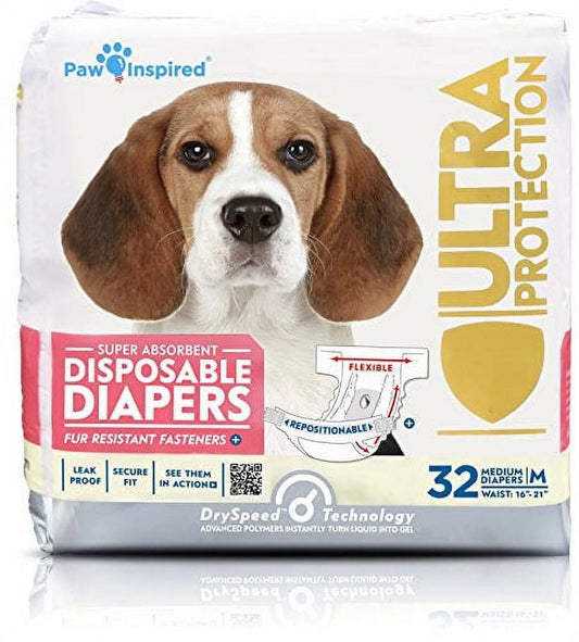 Disposable Dog Diapers Female| Puppy, Doggie, Cat, Pet Diapers |Diapers for Dogs in Heat Period, Diapers That Stay On, Senior, Excitable Urination, or Incontinence (Medium, 32 Count)