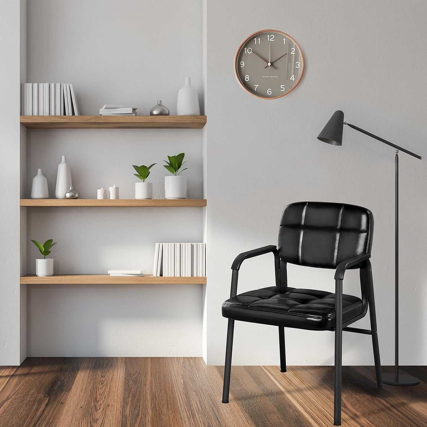 2 PCS Office Guest Chair Mid Back Leather Reception Chairs Living Room Leisure Chairs with Lumbar Support for Waiting/Conference Room, Black