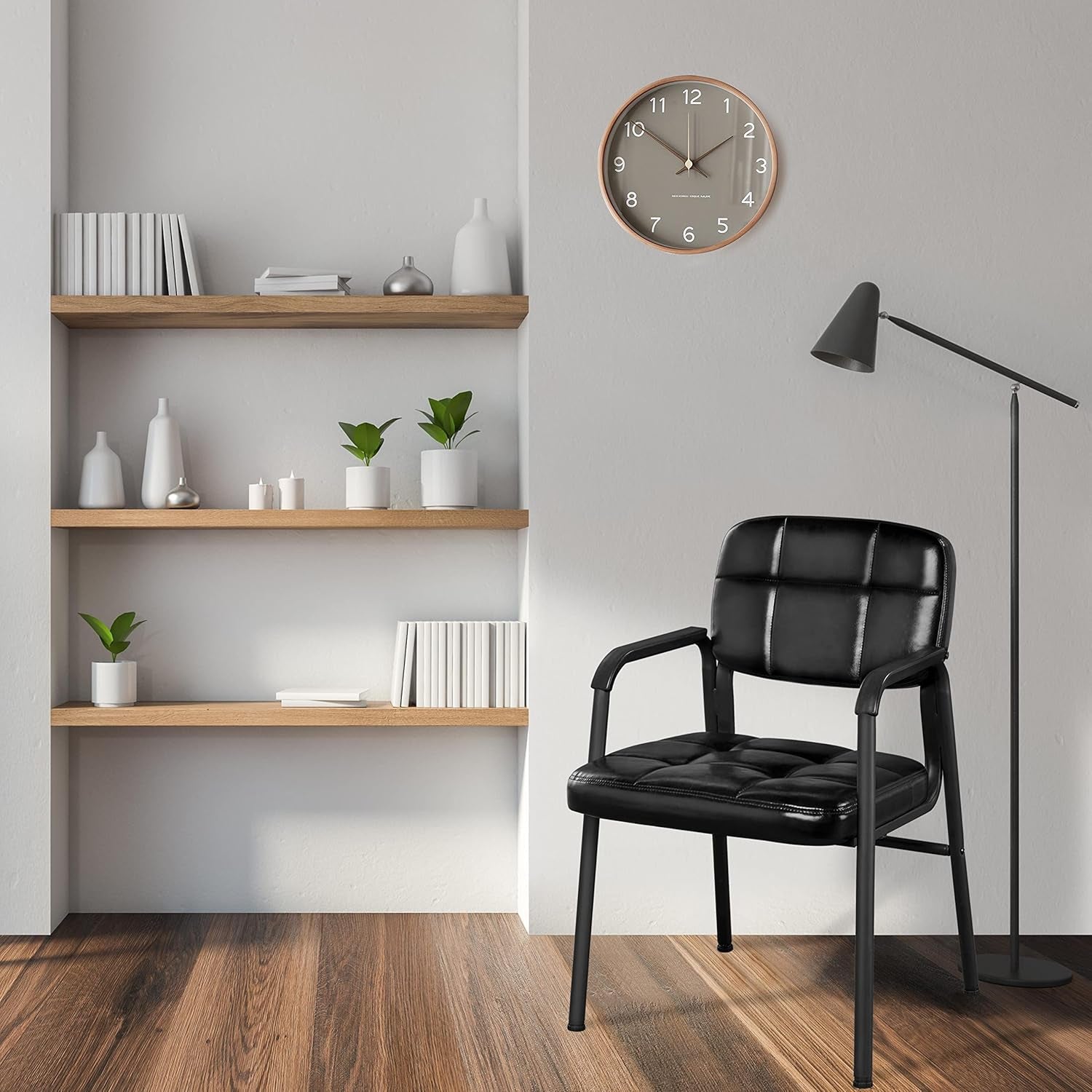 2 PCS Office Guest Chair Mid Back Leather Reception Chairs Living Room Leisure Chairs with Lumbar Support for Waiting/Conference Room, Black