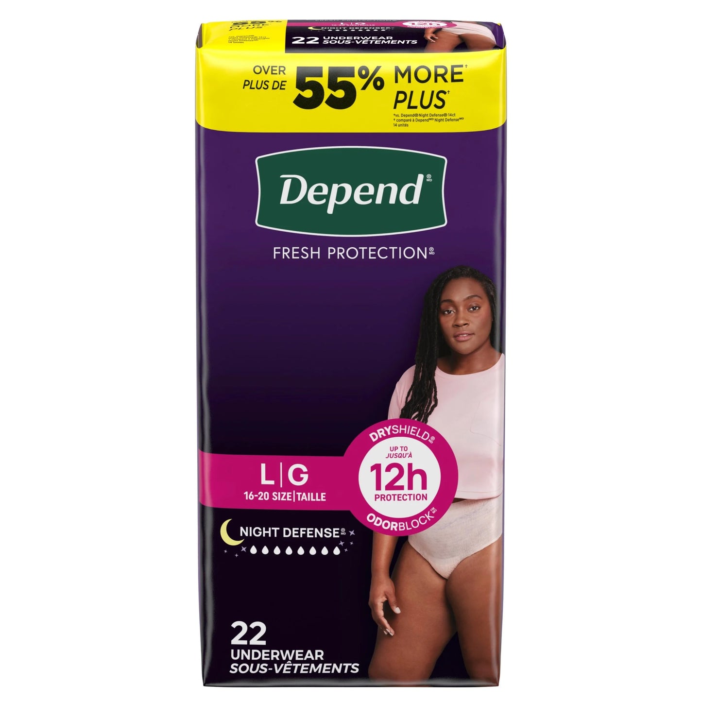 Night Defense Incontinence Underwear for Women, Adult Diapers, L, 22 Count