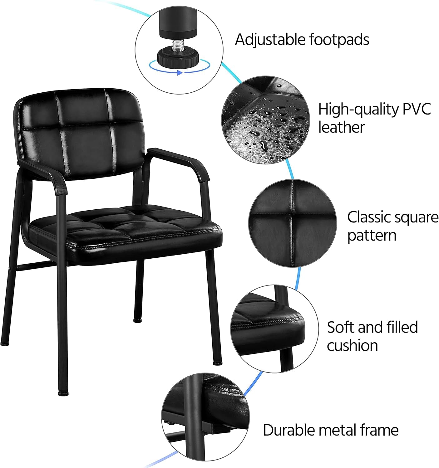 2 PCS Office Guest Chair Mid Back Leather Reception Chairs Living Room Leisure Chairs with Lumbar Support for Waiting/Conference Room, Black