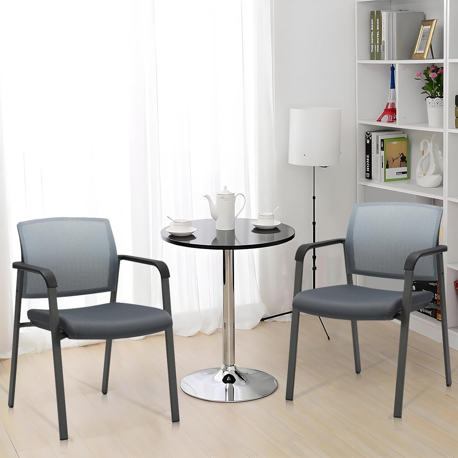 Mesh Back Stacking Arm Chairs with Upholstered Fabric Seat and Ergonomic Lumbar Support for Office School Church Guest Reception Grey 2 Pack Set