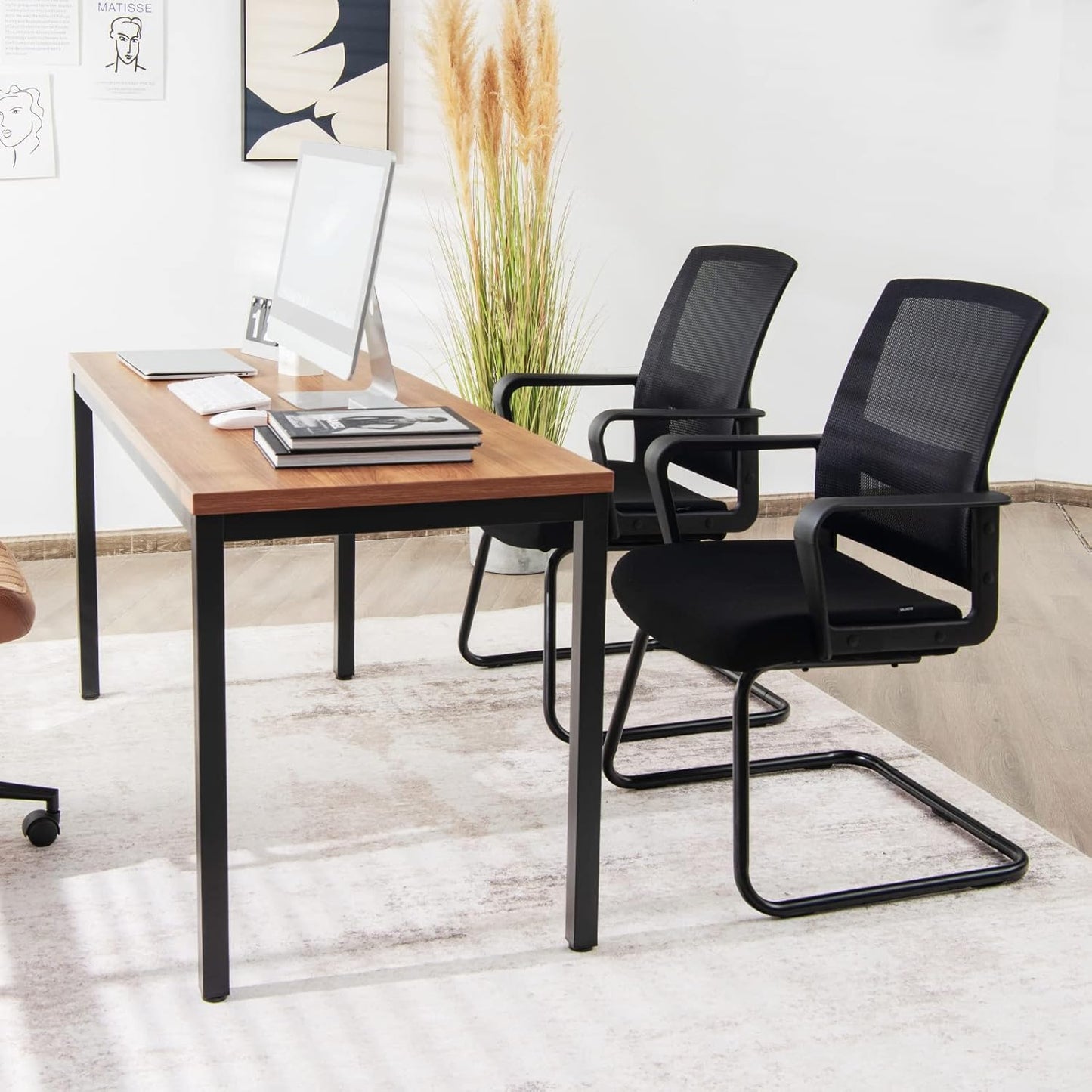 Office Guest Chair Set of 4, Executive Sled Base Conference Chairs with Lumbar Support and Armrests, Mid-Back Chairs, Mesh Office Desk Chair No Wheels for Reception Waiting Meeting Room