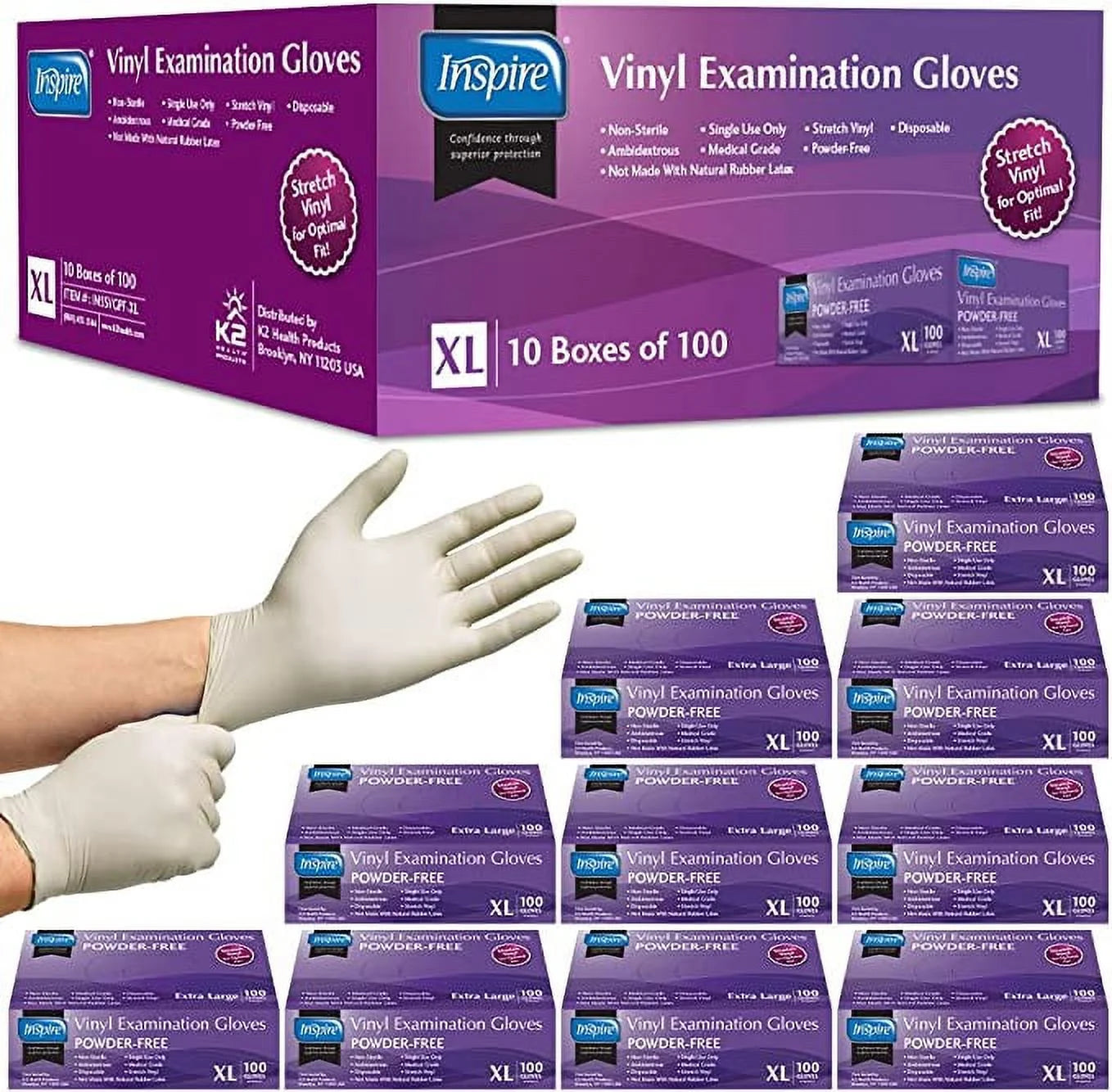 Stretch Vinyl Exam Gloves the ORIGINAL Quality Vinyl Gloves Disposable Latex Free Medical Gloves Cleaning Gloves 10 Packs of 100 Extra Large