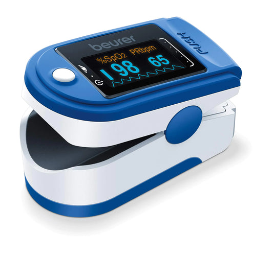 Beurer PO50 Fingertip Pulse Oximeter Blood Oxygen Saturation & Heart Rate Monitor 4 Colored Graphic Display Formats Extra-Small & Light Strap & Batteries Included