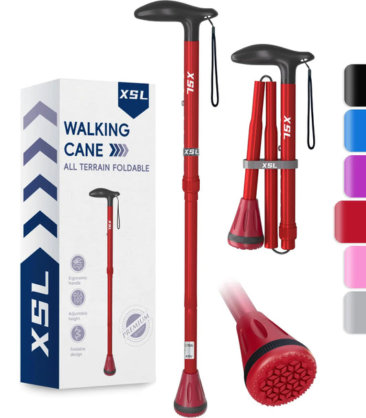 XSL Walking Cane - Foldable Adjustable Collapsible Walking Canes for Men & Women Heavy Duty All Terrain Tip with Travel Bag | Portable Walking Sticks for Seniors & Adults (Red)
